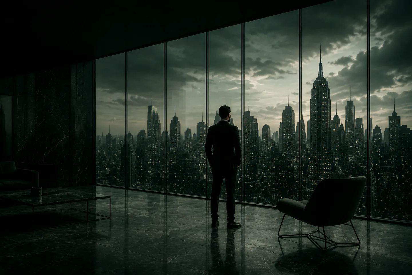 A principal at the window of a private office above a city at night