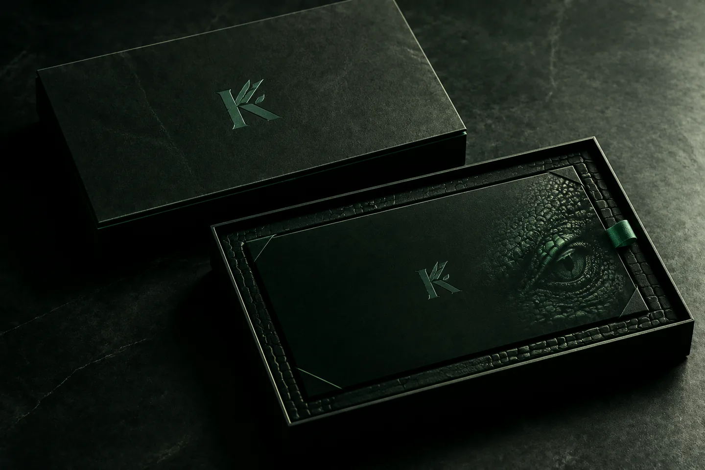 A presentation case bearing the IGUAKO monogram, lined in reptilian leather